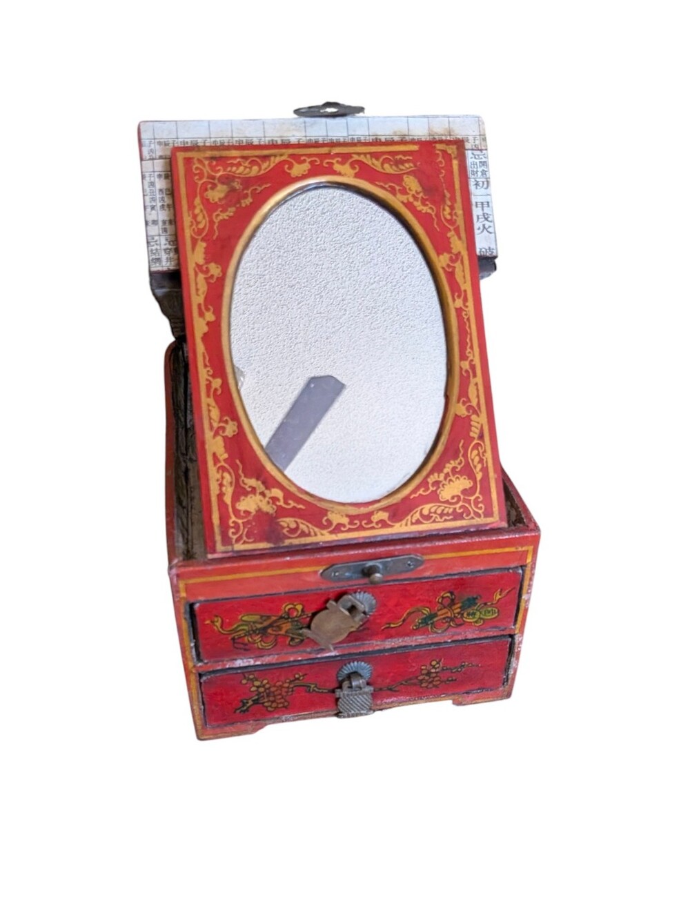 Vintage Antique Chinese Red Jewelry Box Folding Vanity Mirror 2 Drawers